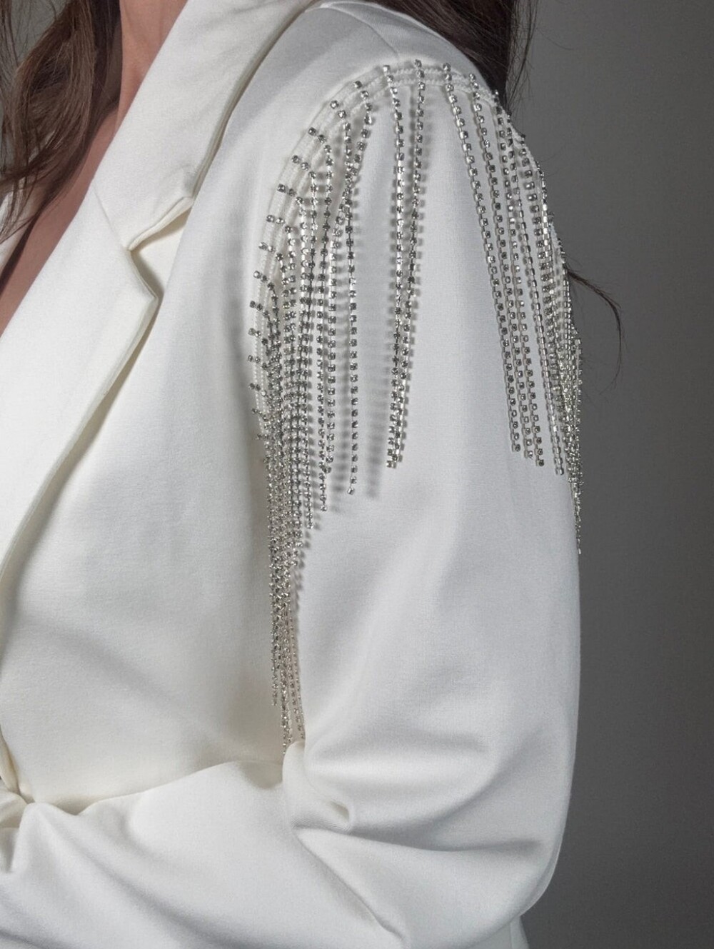 NWT Blue B White Western Stretch Boyfriend Rhinestone Fringe Shoulder Blazer - Picture 2 of 11